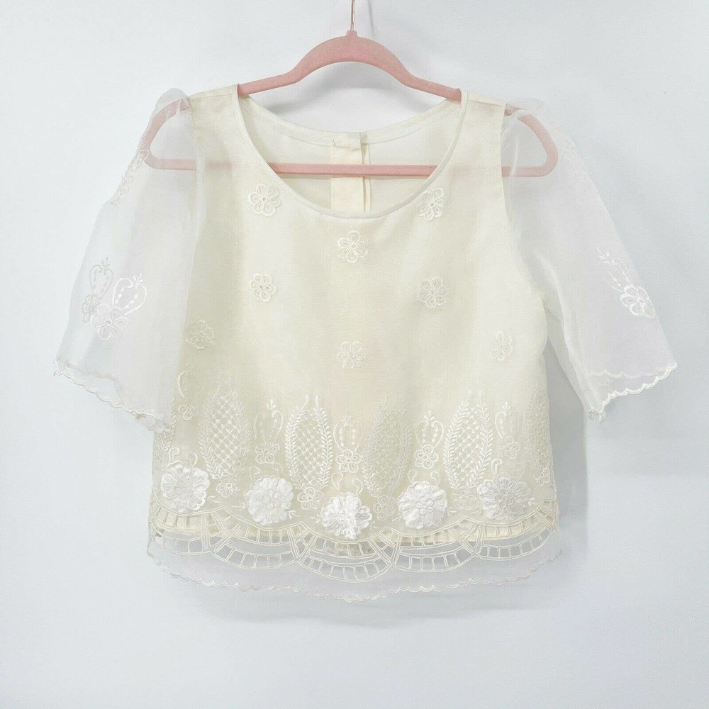Vintage Floral Embroidered Blouse S/M White Sheer